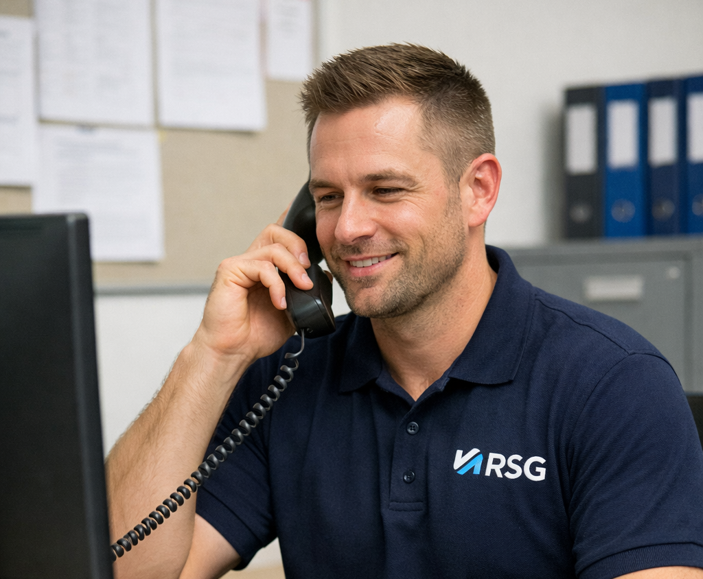 Man in a navy blue RSG shirt sitting at a desk, talking on the phone and taking notes.