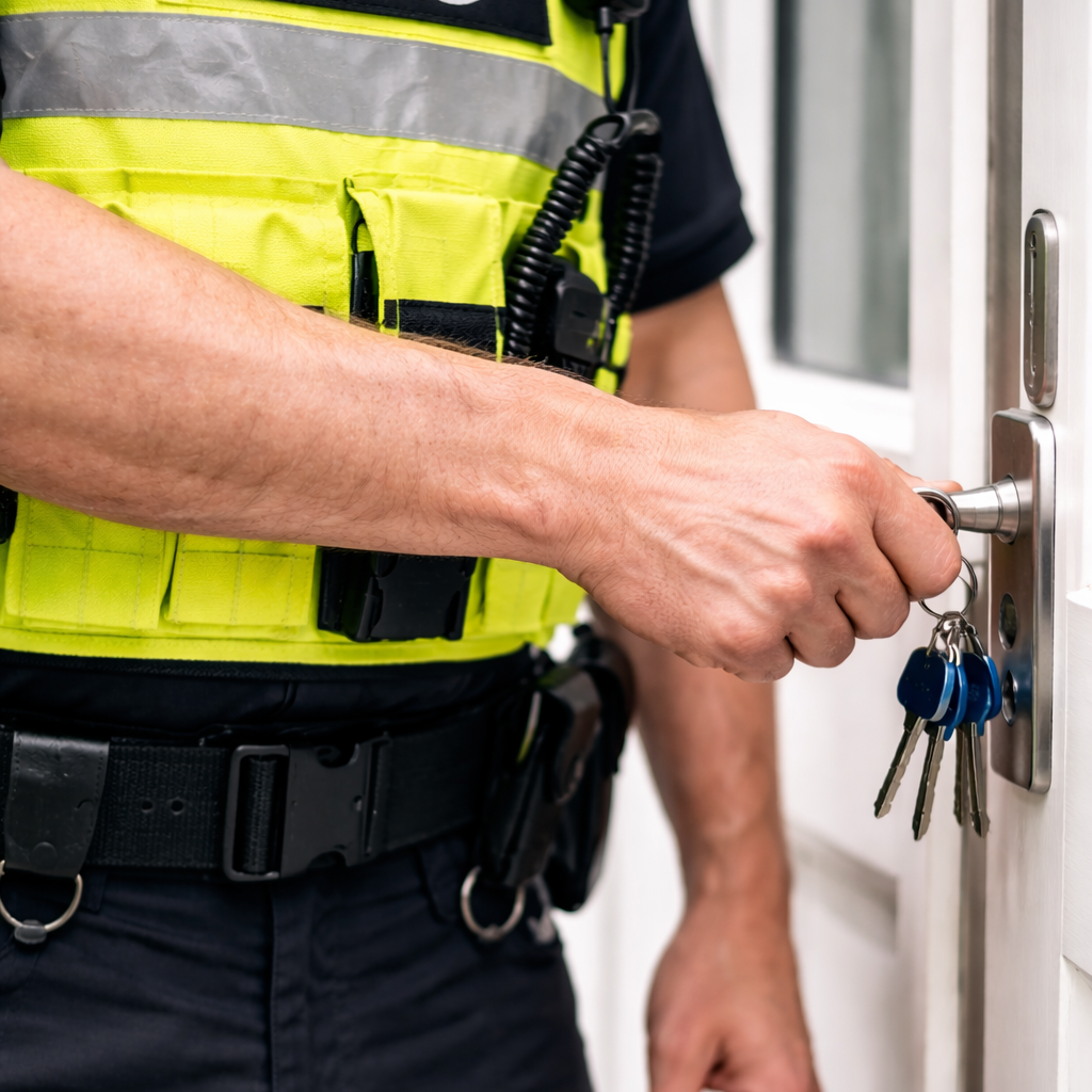 Person in a high-visibility vest with 'RSG' on it, using a key to unlock a door.